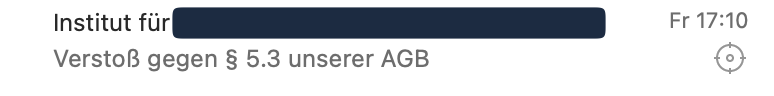 Screenshot der Betreffzeile: Verstoß gegen § 5.3 unserer AGB, Absender geschwärzt